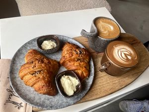Coffee drinks with soya milk and oat milk, and vegan cheese croissants   at Moon Shell in Riyadh