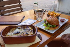 We had the lasagne and the sexy burger. We took the normal fries instead of the sweet potato ones. Tasted amazing.  at Restoran ŠtoRiJa in Rijeka