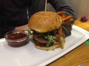 A burger and sweet potato chips at Restoran ŠtoRiJa in Rijeka
