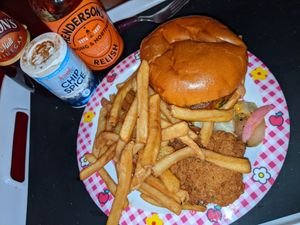 Vegan cheeseburger with fries and seitan chicken home delivery at Saucy in Sheffield