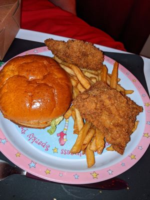 Vegan cheeseburger with fries and seitan chicken home delivery at Saucy in Sheffield