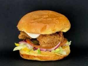 Classic vegan chicken burger with mayo at Saucy in Sheffield