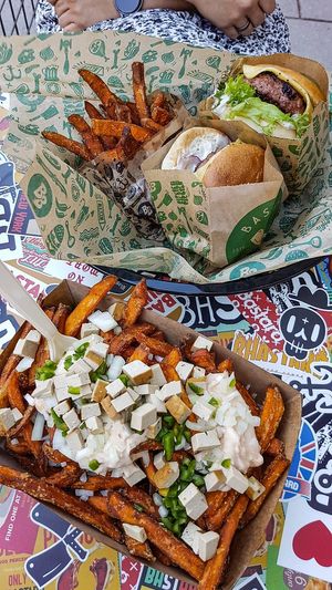 Beyond London and Beyond Luleå burger, sweet potato fries a d fries animal style. Everything vegan.  at Bastard Burgers  in Naessjoe