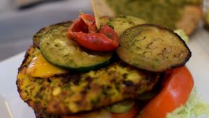 The pesto burger has zucchini and bell peppers as toppings at Das Meyers in Cochem