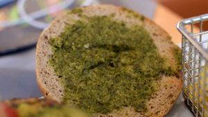 Pesto sauce on the burger, delicious! at Das Meyers in Cochem