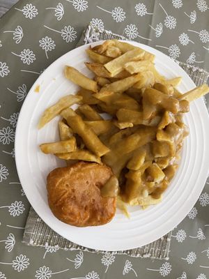 Vegan chips, cheese pattie and curry sauce    at Whites Fish Shop in Hartlepool
