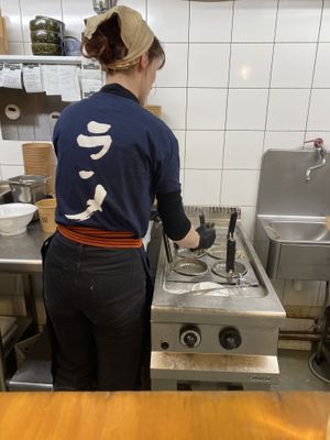 Almost an event kitchen as you can watch them prepare everything while sitting around the kitchen   at Ramen Ya in Nantes