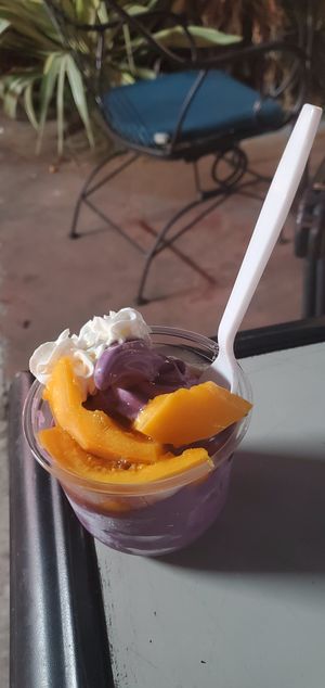 Sundae with fresh papaya. at Sweet Journey Soft Serve in Kailua Kona