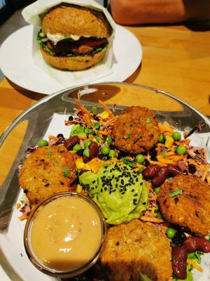 Wabi Sabi bowl and burger at Green & Protein in Tirana