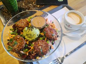 "wabi-sabi" bowl & soy milk cappuccino at Green & Protein in Tirana