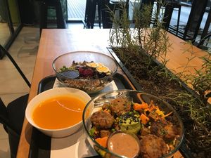 wabi sabi bowl (lower right), vegan soup and happy vegetarian bowl (upper left) at Green & Protein in Tirana