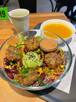 Wabi Sabi salad, carrot and cauliflower soup, vegan matcha latter for less than $10 usd at Green & Protein in Tirana