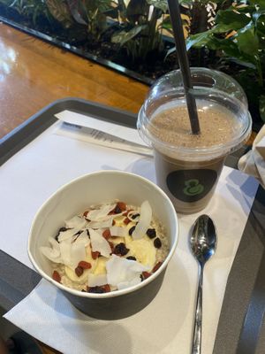 Soymilk smoothie and porridge  at Green & Protein in Tirana