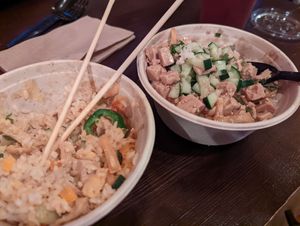 My son's tofu teriyaki bowl (didn't even need the delicious sauce) - rice, veggies, and perfectly seasoned firm tofu, and my half-eaten bowl which I'm pretty sure was the Tahiti bo at Tropicali in Big Bear Lake