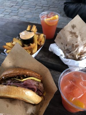The burger, fries with secret sauce and the strawberry lemonade  at Souls - Torvehallerne in Copenhagen