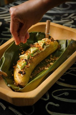 sweet plantain with lupin hummus and peanuts at La Suculenta in Guayaquil