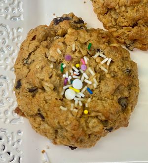 Vegan Monster Cookie - Peanut Butter, Choc Chip mix with sprinkles on top at I.C.Bing Cafe & Market in Colorado Springs