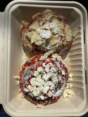 Top: Lunchbox (chips, peanut butter, strawberry sauce) Below: Planetarium (strawberry sauce, freeze dried apples, sesame seeds )  at Hail Snail in Portland