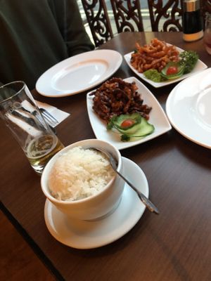 Crispy beef and chicken with rice at The Orchid Vegan Restaurant in York