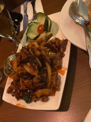 Crispy shredded beef in OK sauce  at The Orchid Vegan Restaurant in York