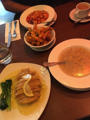 Lemon “chicken”, sweet corn & tofu soup, salt and pepper chips and sweet and sour tofu  at The Orchid Vegan Restaurant in York