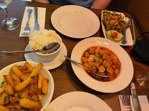 Sweet and sour tofu, black bean “chicken”, jasmine rice and salt and pepper chips at The Orchid Vegan Restaurant in York