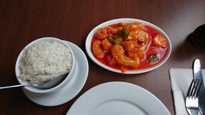 Sweet and Sour Vegan King Prawn, Steamed Jasmine Rice (7.5 + 2.5 pounds) at The Orchid Vegan Restaurant in York