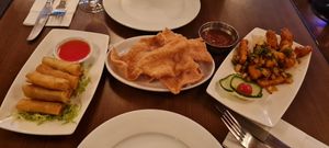 Spring rolls, prawn crackers, squid. at The Orchid Vegan Restaurant in York