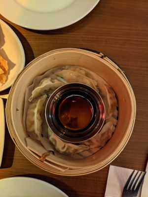 Steamed dumplings with dipping sauce  at The Orchid Vegan Restaurant in York