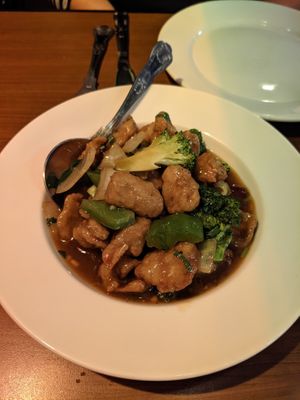 Spicy chikn with broccoli. Eat around the red chillis is you prefer a milder dish   at The Orchid Vegan Restaurant in York