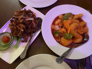 Crispy beef and sweet and sour prawns at The Orchid Vegan Restaurant in York
