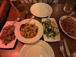 Mongolian “beef”, tofu, broccoli & stir fried noodles.  at The Orchid Vegan Restaurant in York
