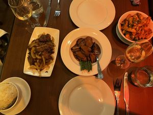 Mongolian beef, teriyaki mushrooms with asparagus, salt & pepper chips & jasmine rice  at The Orchid Vegan Restaurant in York