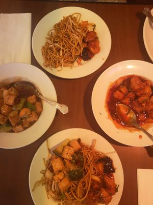 Noodles, General Tso's tofu and House Special Stir Fry with spicy Szechuan Sauce at The Orchid Vegan Restaurant in York