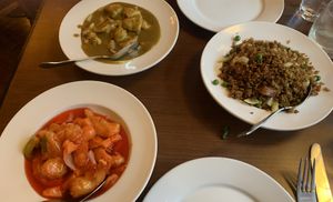 Vegan chicken curry, sweet and sour king prawns, and special fried rice  at The Orchid Vegan Restaurant in York