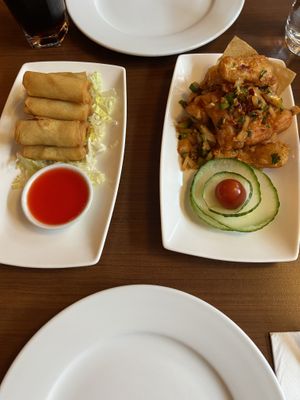 Spring rolls and Calamari starters   at The Orchid Vegan Restaurant in York