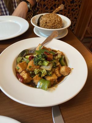 General Tso’s Tofu with Shiitake Fried Rice  at The Orchid Vegan Restaurant in York