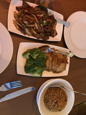 Mongolian style vegan beef stir fry, Cantonese style vegan pork char Siu, shiitake fried rice  at The Orchid Vegan Restaurant in York