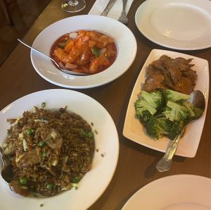 Special fried rice , vegan king prawn in sweet and sour sauce , beef and broccoli   at The Orchid Vegan Restaurant in York