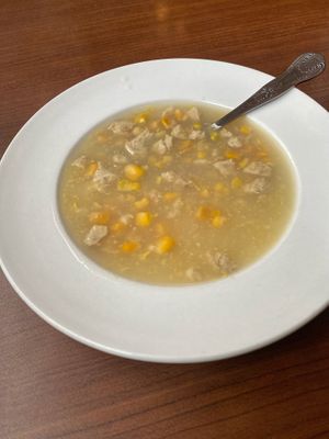 Corn and chicken soup  at The Orchid Vegan Restaurant in York