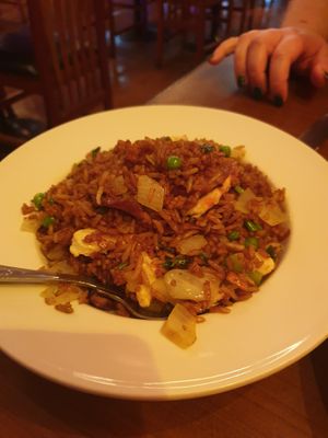 mixed 'meat' and veg rice at The Orchid Vegan Restaurant in York