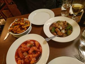 Sweet and sour prawns, salt and pepper chips, black bean stir fry at The Orchid Vegan Restaurant in York