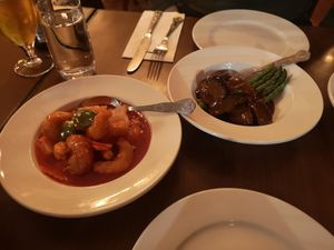 Vegan prawn sweet and sour and king oyster mushroom teriyaki at The Orchid Vegan Restaurant in York