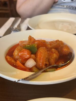 Sweet and Sour Vegan King Prawn  at The Orchid Vegan Restaurant in York