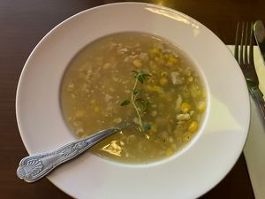 Chicken and sweetcorn soup   at The Orchid Vegan Restaurant in York
