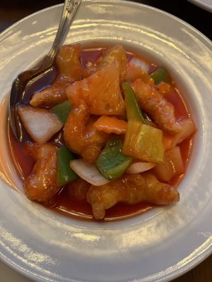 Sweet and sour vegan king prawns  at The Orchid Vegan Restaurant in York