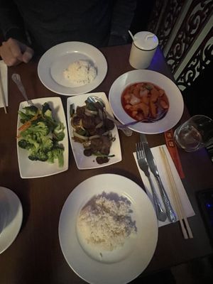 Broccoli, Mongolian Beef and Crispy Sweet n Sour King Prawsns  at The Orchid Vegan Restaurant in York