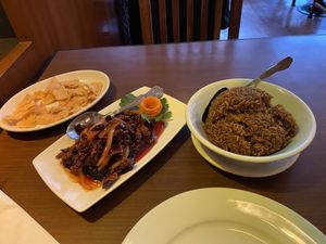 Crispy shredded vegan beef in OK sauce and shiitake fried rice    at The Orchid Vegan Restaurant in York