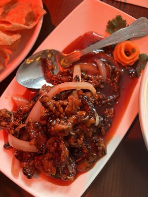 Crispy chicken ‘beef’ in OK sauce  at The Orchid Vegan Restaurant in York