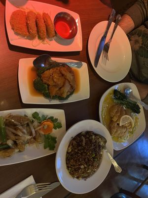 Pumpkin croquettes. Pork and broccoli. Lemon chicken. Singapore fried rice. Battered crispy beef    at The Orchid Vegan Restaurant in York